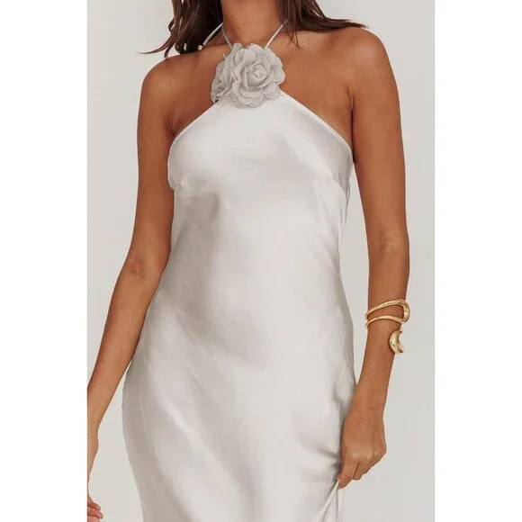 Women's White Summer Silk Sleeveless Cocktail Formal Backless Long Maxi - Picture 4 of 6